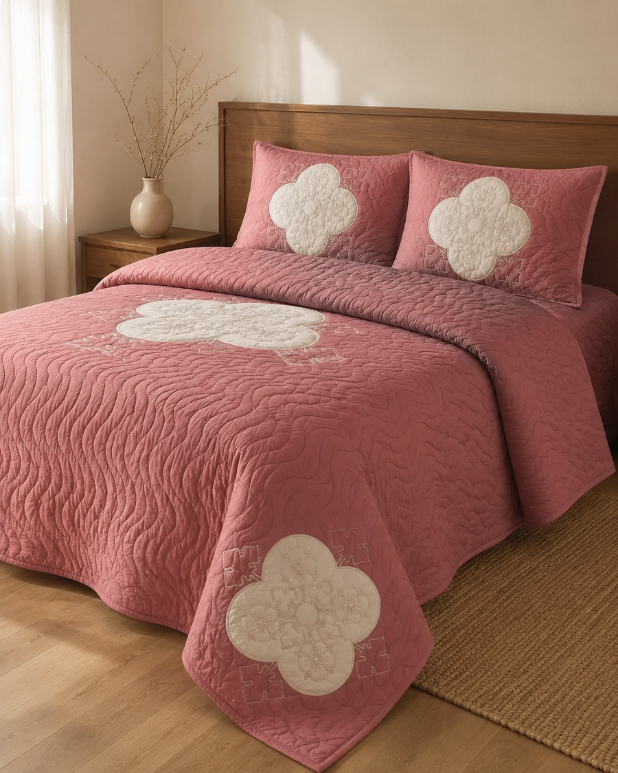 Dusty Rose Clover China Cotton Bedspread Set – 3 Piece – lifestyle hero