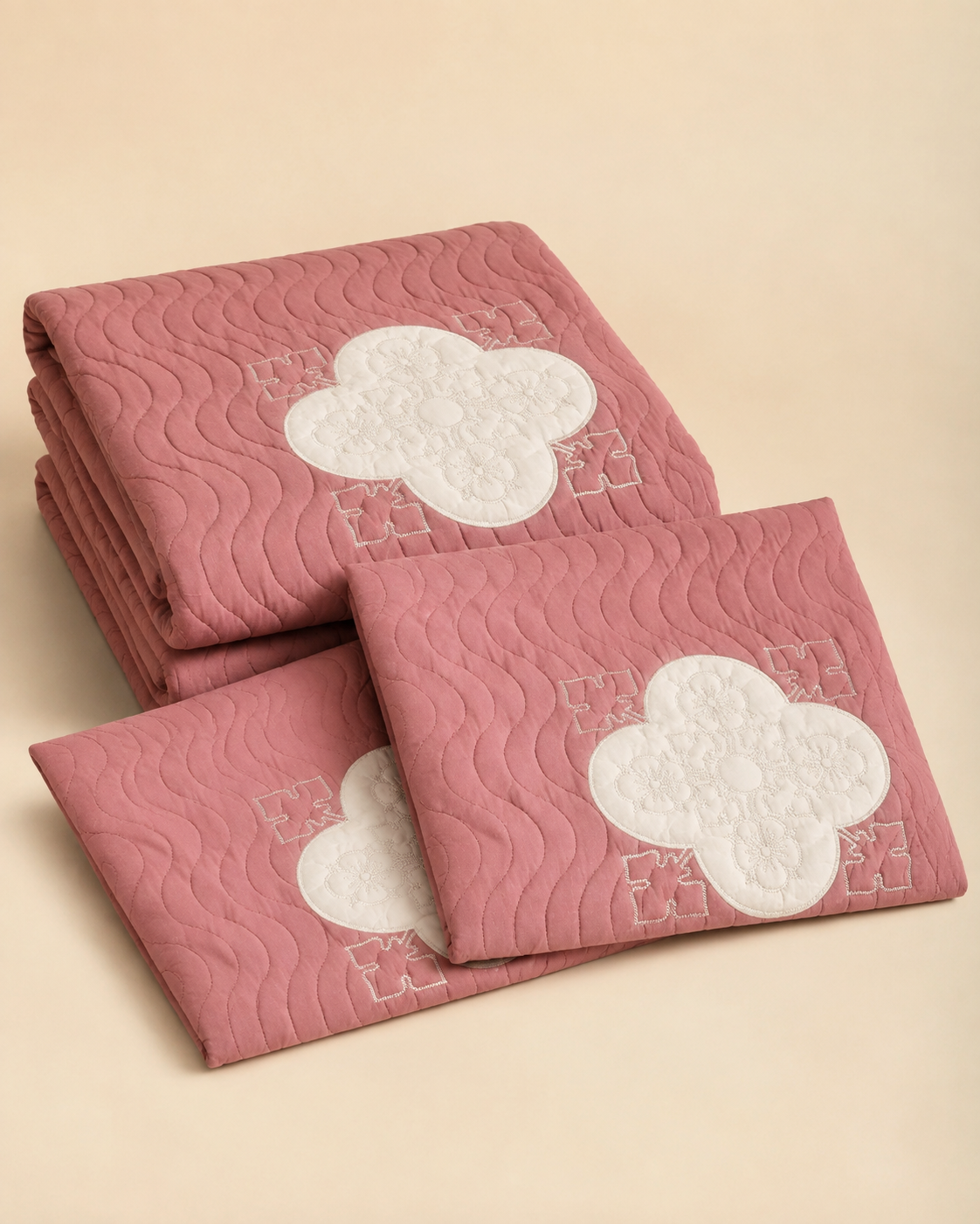 Dusty Rose Clover China Cotton Bedspread Set – 3 Piece – folded set