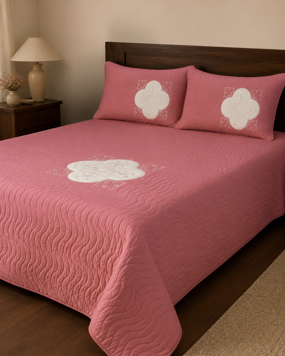 Dusty Rose Clover China Cotton Bedspread Set – 3 Piece – side-angle lifestyle