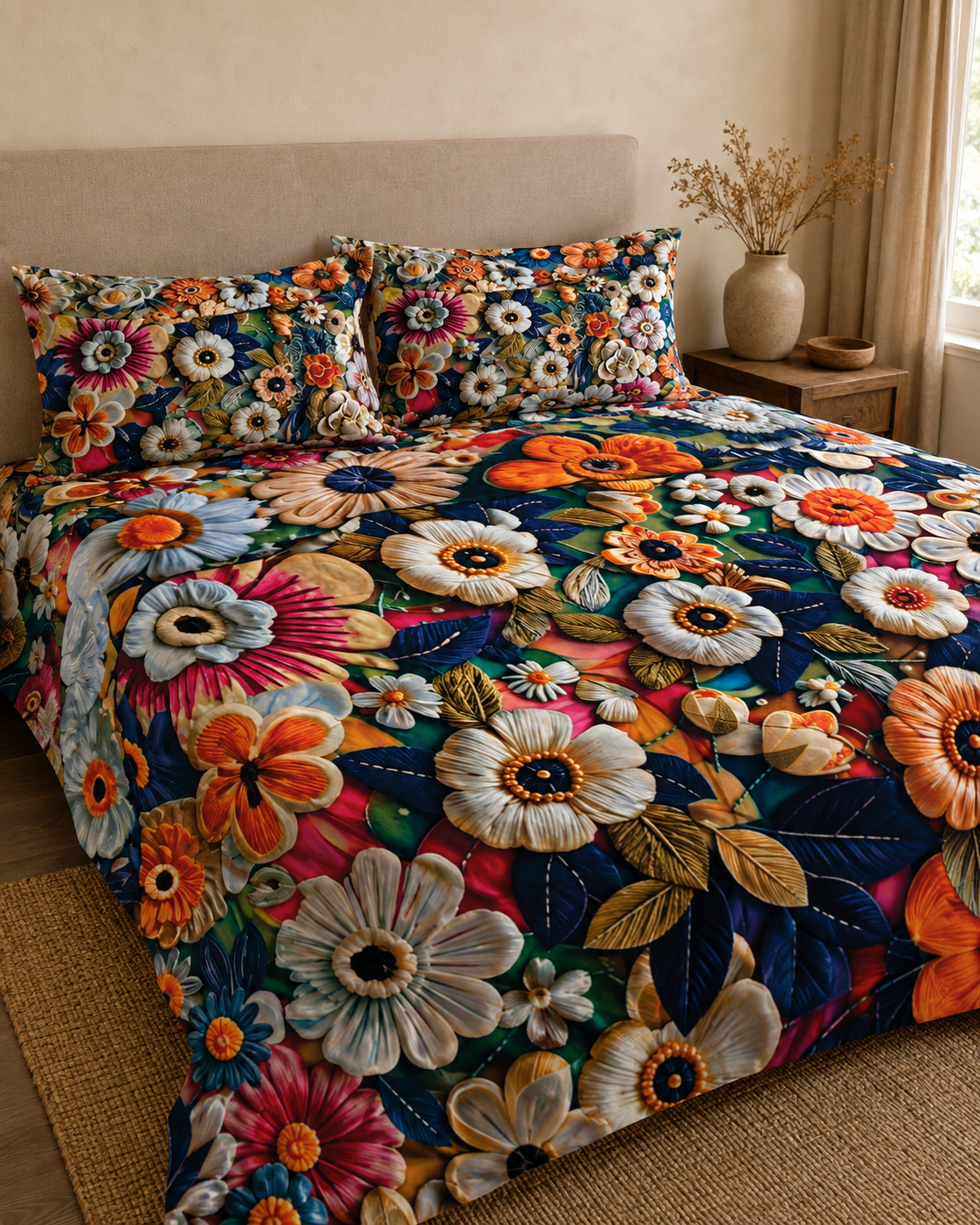 Emerald Tangerine Garden 3D digital print king bedsheet set with two pillow covers