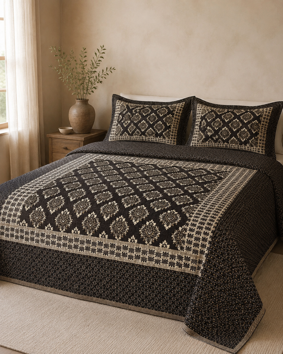 Espresso Diamond Lattice Velvet Jacquard Bedsheet Set – 4 Piece