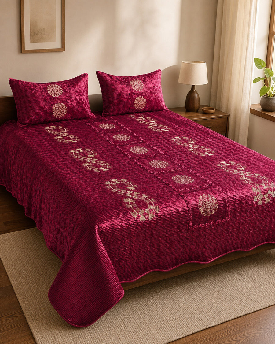 Garnet Royale Embroidered Velvet Bedspread Set – 3 Piece – hero view