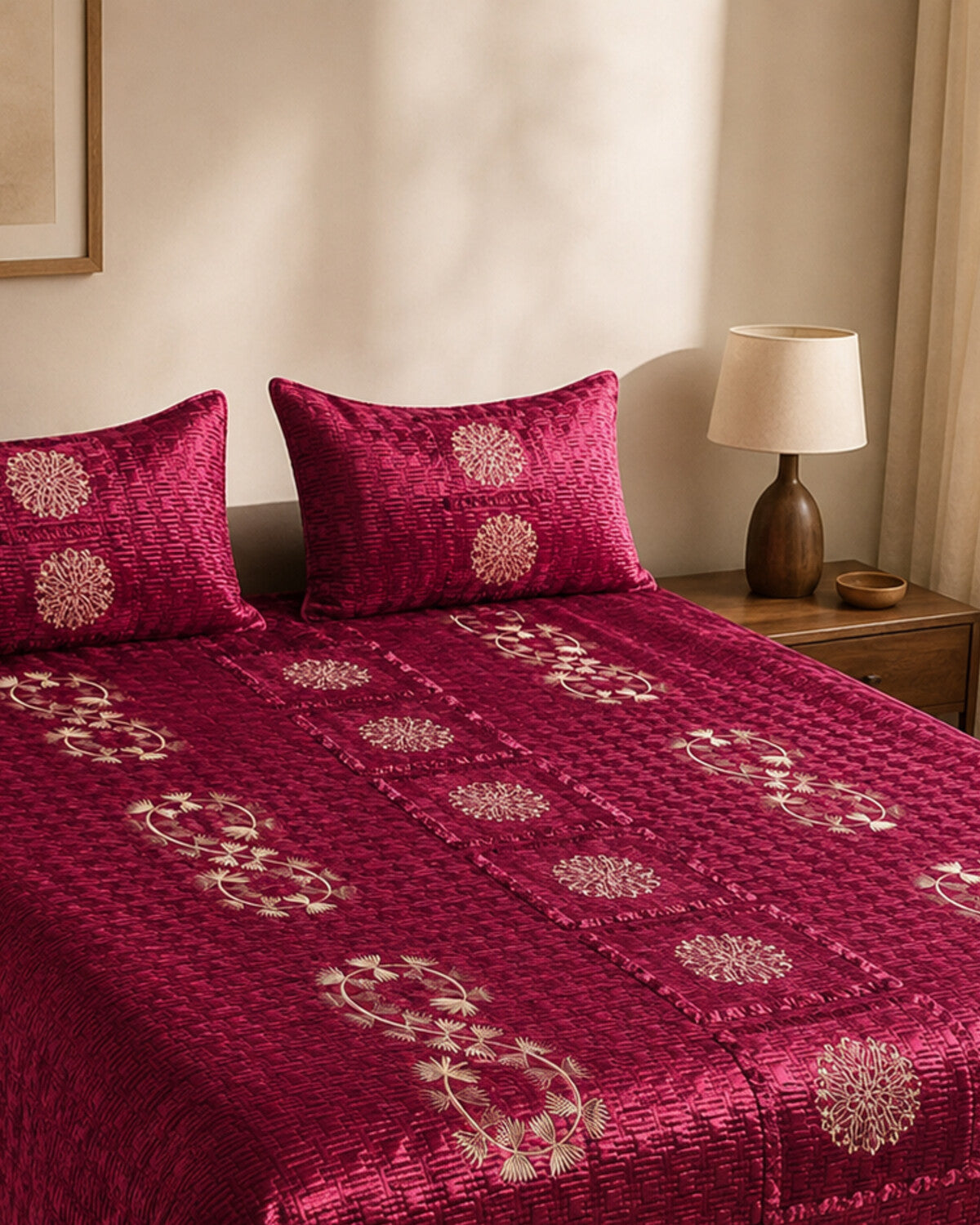 Garnet Royale Embroidered Velvet Bedspread Set – 3 Piece – pillow detail
