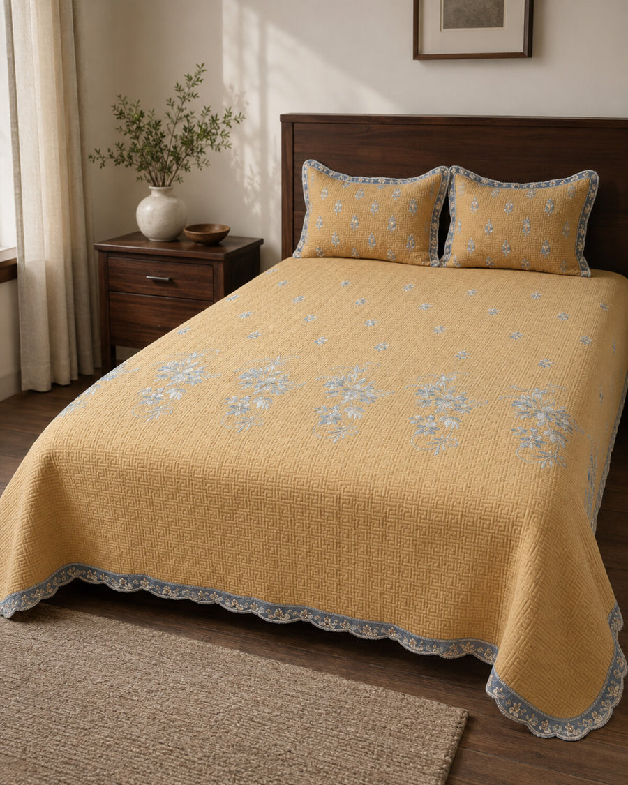 Golden Meadow Embroidered Cotton Bedspread Set – 3 Piece – hero view