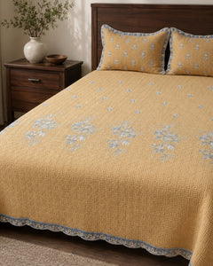 Golden Meadow Embroidered Cotton Bedspread Set – 3 Piece – pattern detail