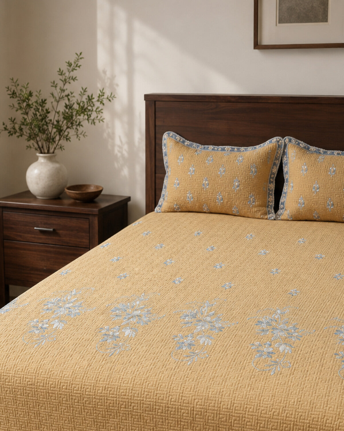 Golden Meadow Embroidered Cotton Bedspread Set – 3 Piece – pillow detail