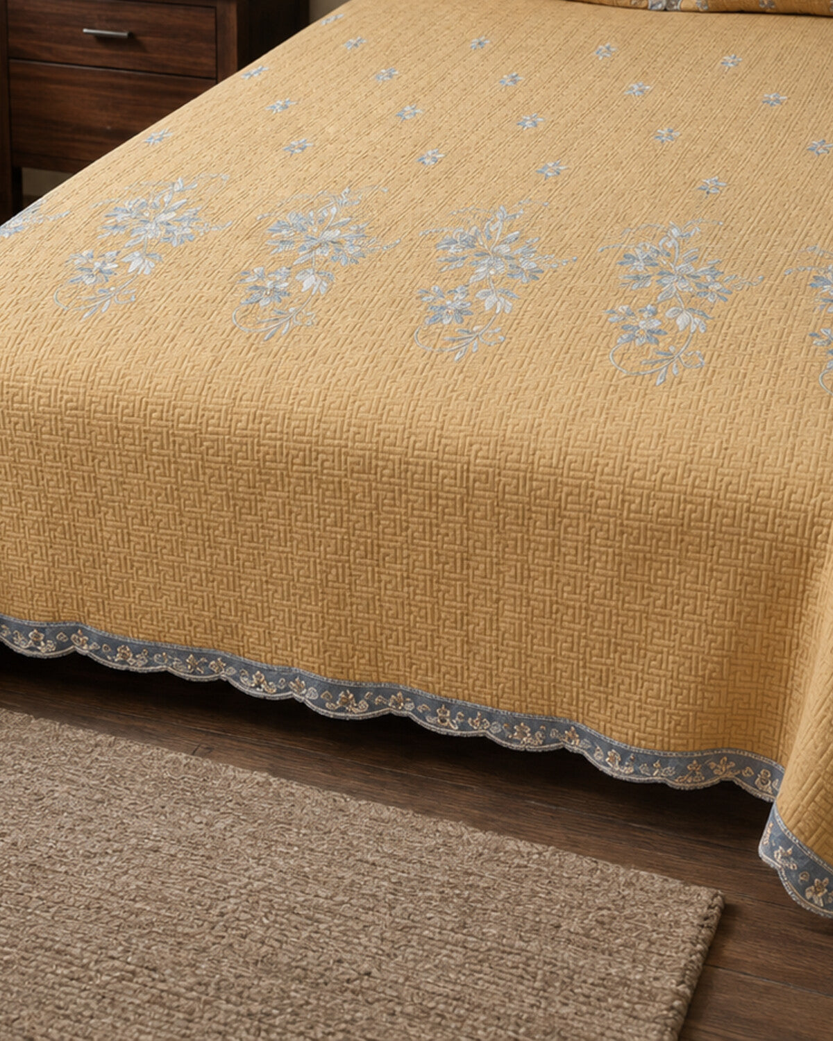 Golden Meadow Embroidered Cotton Bedspread Set – 3 Piece – border and fabric detail