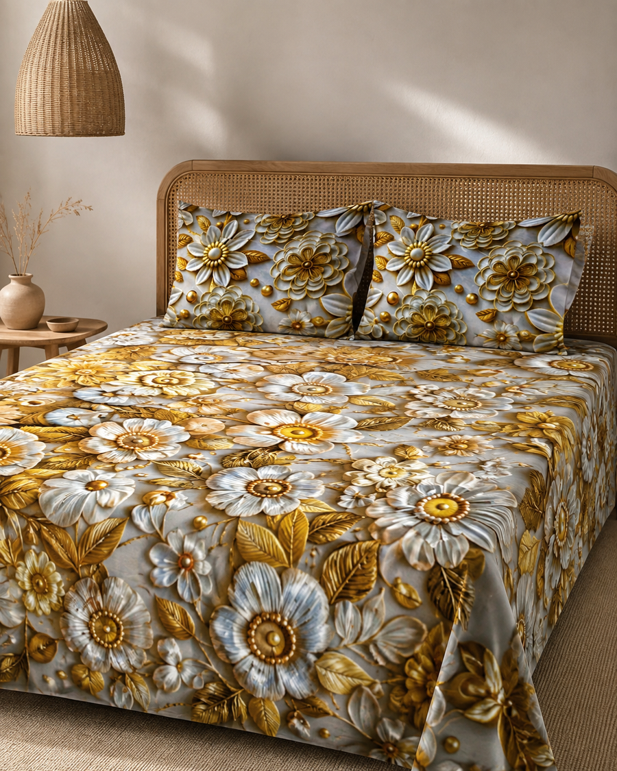 Golden Pearl Garden 3D digital print king bedsheet set with two pillow covers