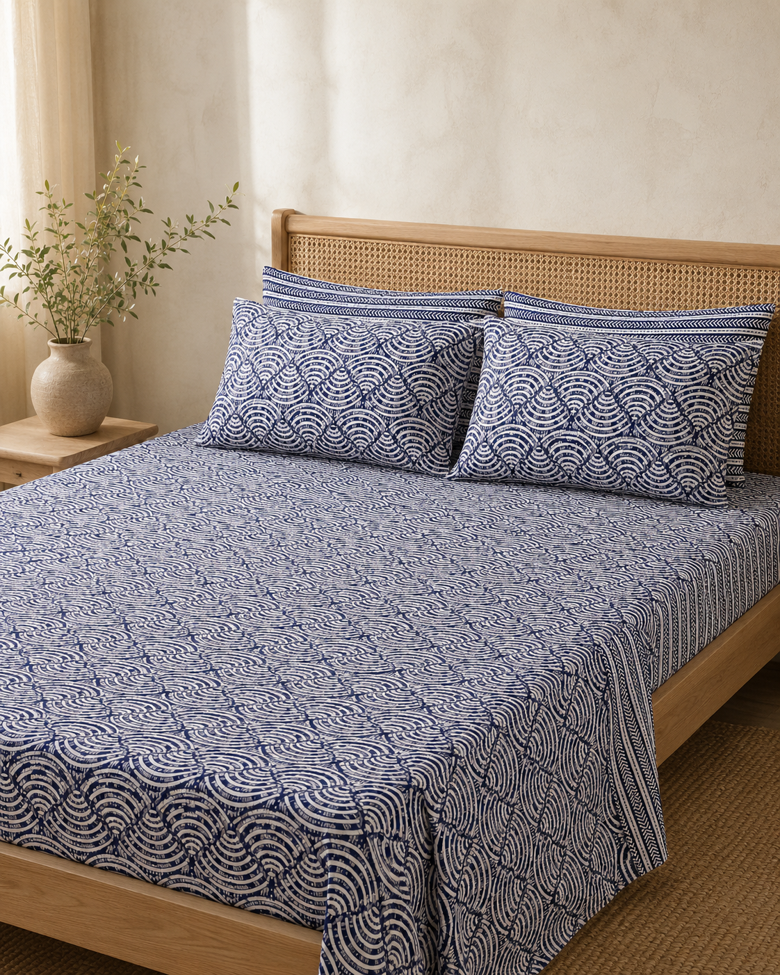 Indigo Arc Cotton Bedsheet Set with two pillow covers