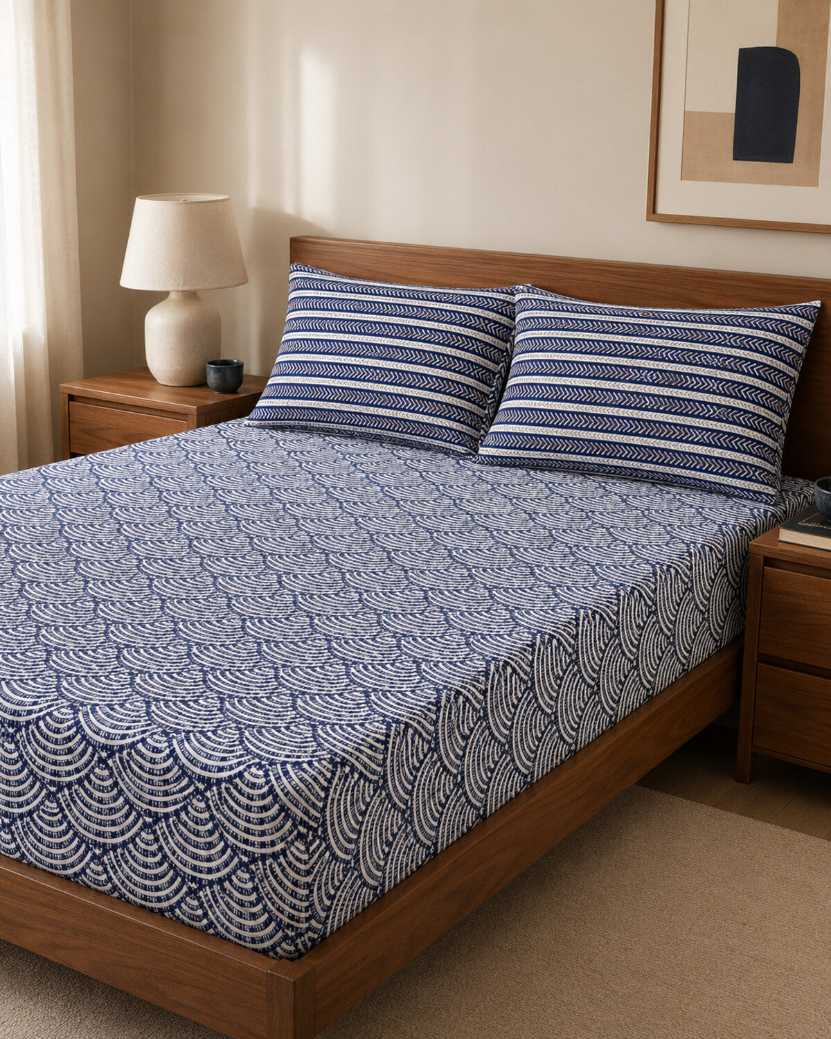 Indigo Wave Cotton Bedsheet Set – 3 Piece – hero view