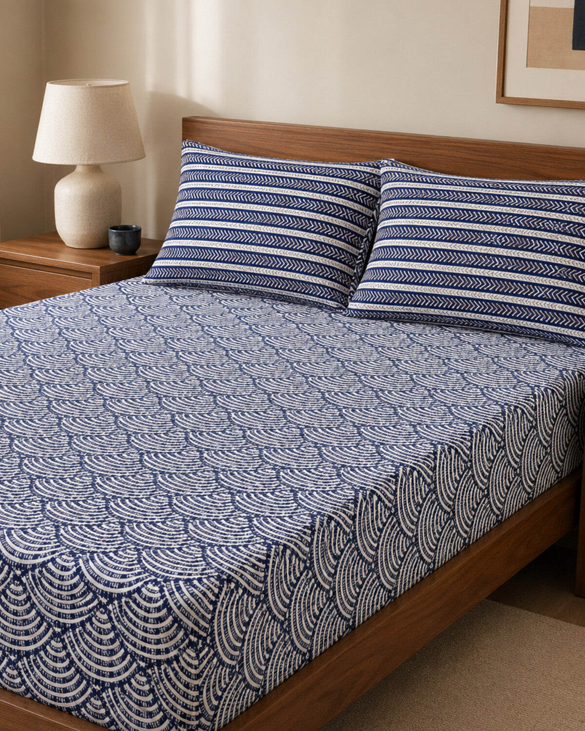 Indigo Wave Cotton Bedsheet Set – 3 Piece – room view