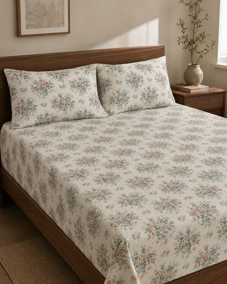 Ivory Bouquet Cotton Bedsheet Set – 3 Piece – hero view