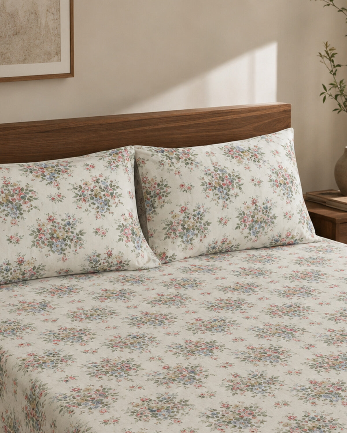 Ivory Bouquet Cotton Bedsheet Set – 3 Piece – pillow detail