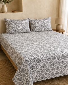 Ivory Charcoal Medallion Cotton Bedsheet Set with two pillow covers