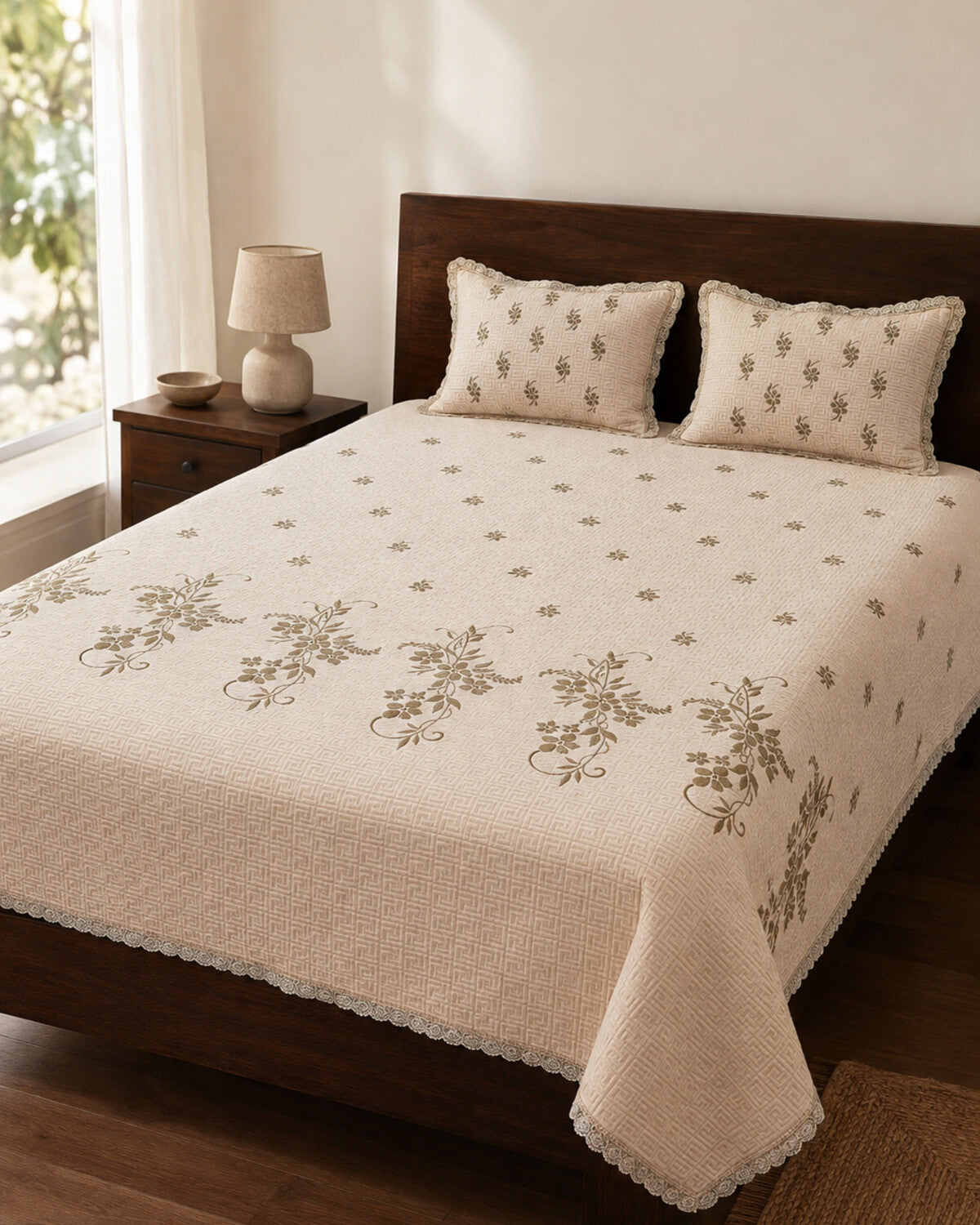 Ivory Sprig Embroidered Cotton Bedspread Set – 3 Piece – hero view