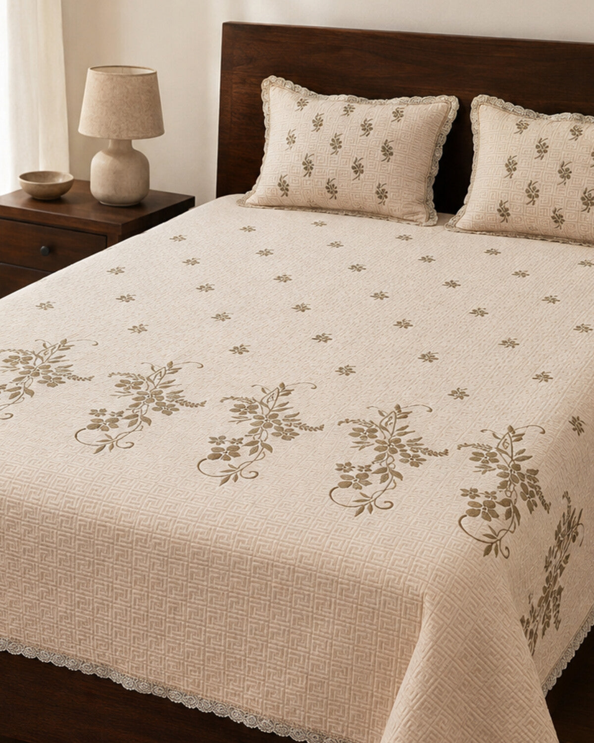 Ivory Sprig Embroidered Cotton Bedspread Set – 3 Piece – pattern detail