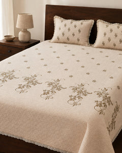 Ivory Sprig Embroidered Cotton Bedspread Set – 3 Piece – pattern detail