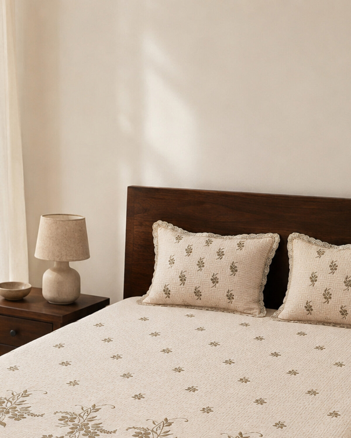 Ivory Sprig Embroidered Cotton Bedspread Set – 3 Piece – pillow detail