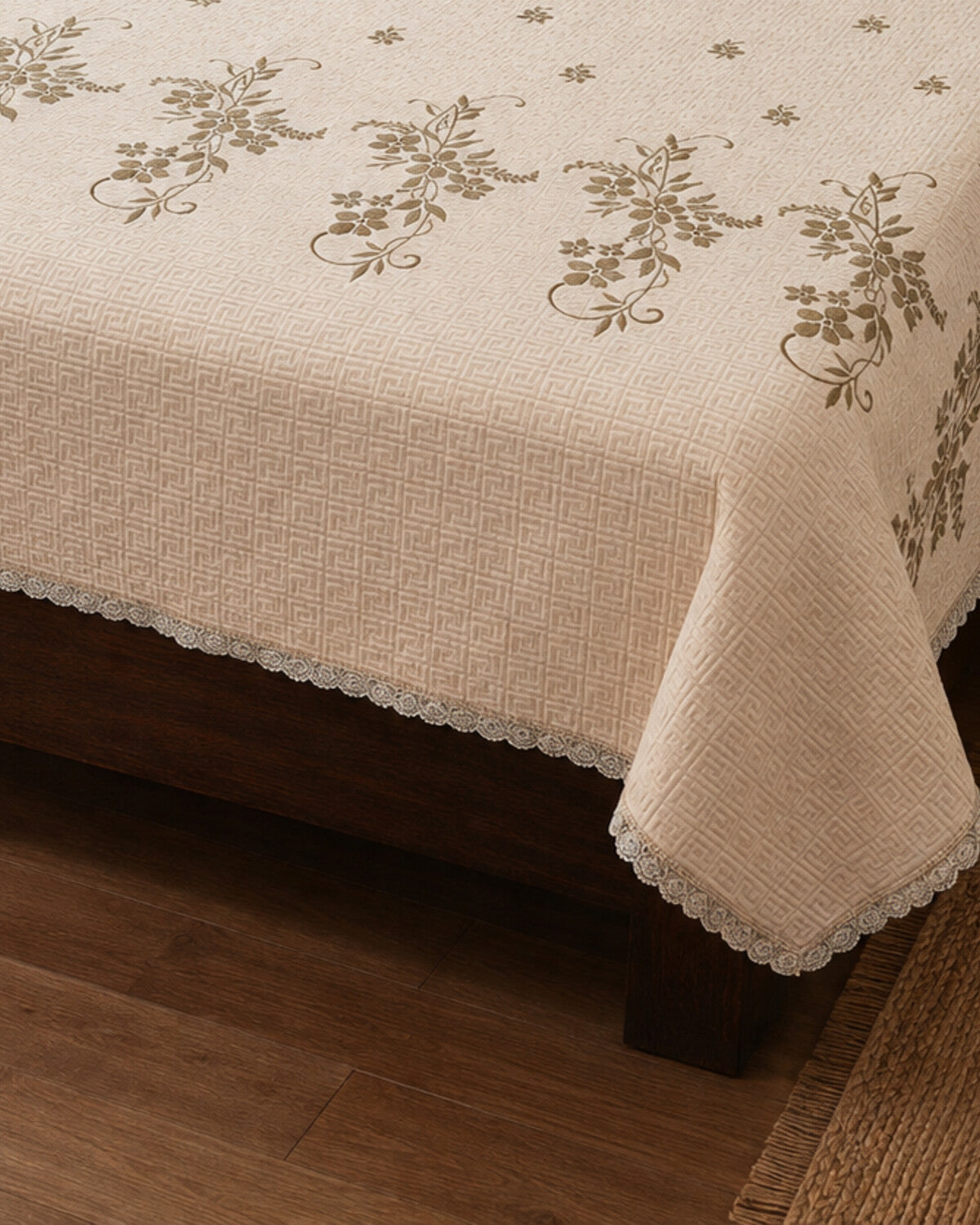 Ivory Sprig Embroidered Cotton Bedspread Set – 3 Piece – border and fabric detail