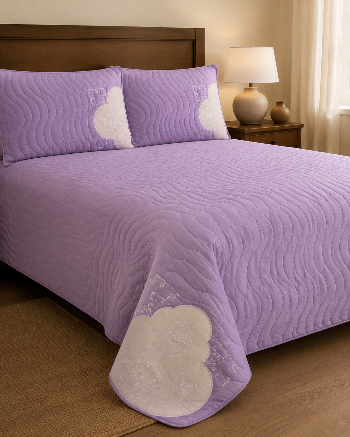 Lavender Clover China Cotton Bedspread Set – 3 Piece – side-angle lifestyle