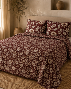 Maroon floral velvet jacquard 4 piece King bedsheet set