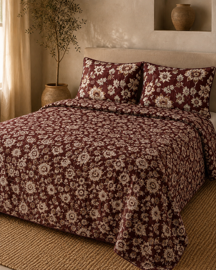 Maroon floral velvet jacquard 4 piece King bedsheet set