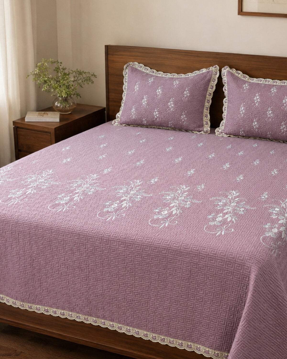 Mauve Vine Embroidered Cotton Bedspread Set – 3 Piece – pattern detail