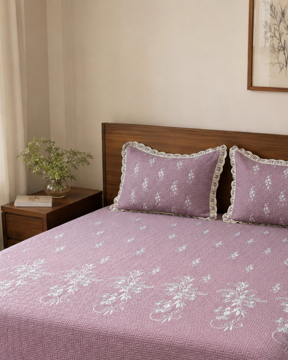 Mauve Vine Embroidered Cotton Bedspread Set – 3 Piece – pillow detail
