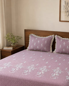 Mauve Vine Embroidered Cotton Bedspread Set – 3 Piece – pillow detail