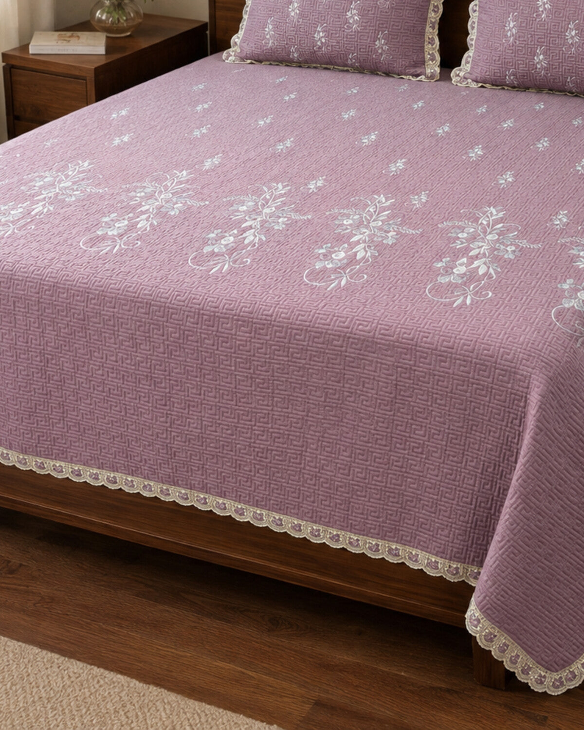 Mauve Vine Embroidered Cotton Bedspread Set – 3 Piece – border and fabric detail