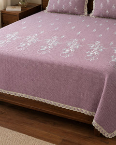 Mauve Vine Embroidered Cotton Bedspread Set – 3 Piece – border and fabric detail