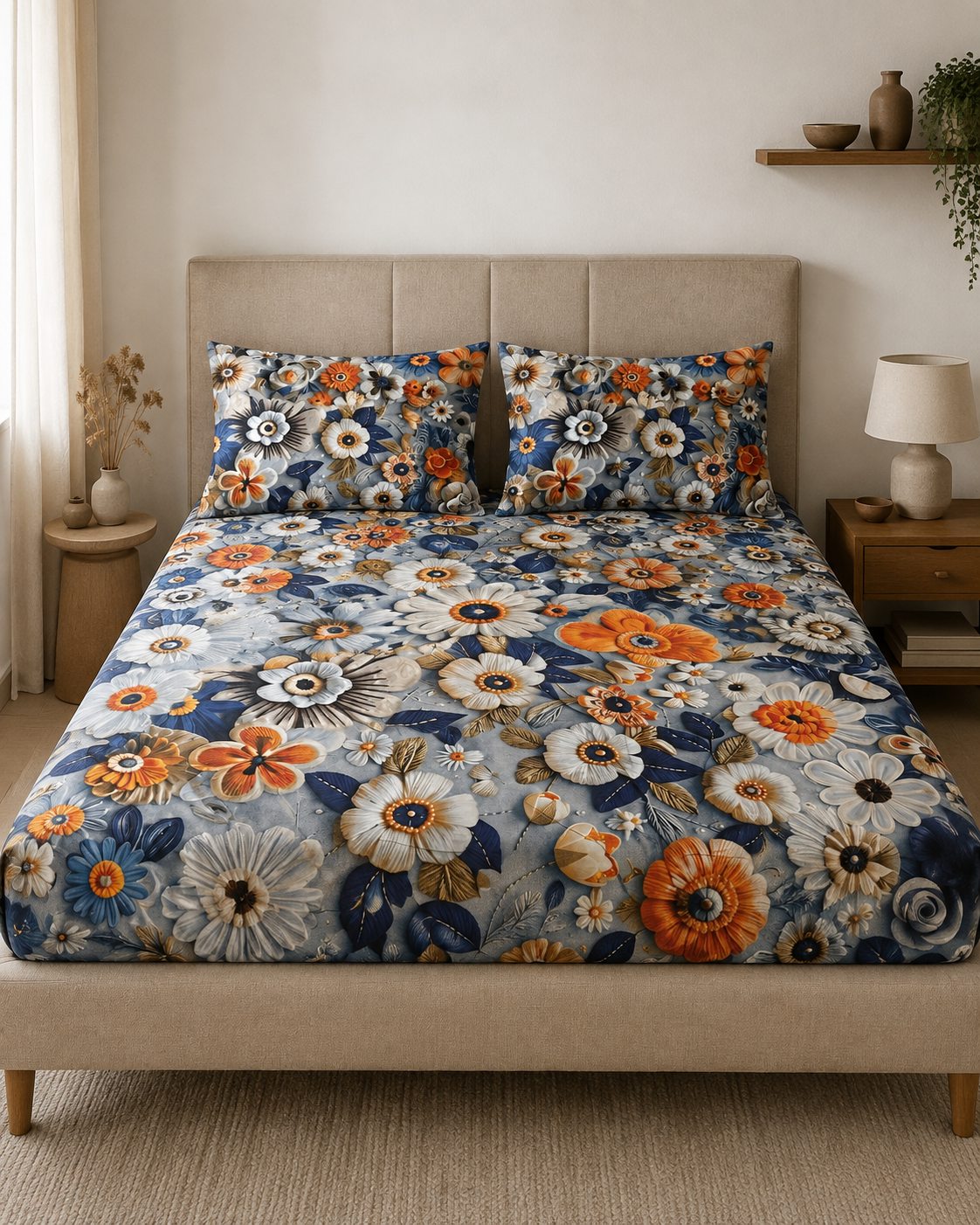 Midnight Ember Floral 3D Digital Print 3-piece bedsheet set with two matching pillow covers