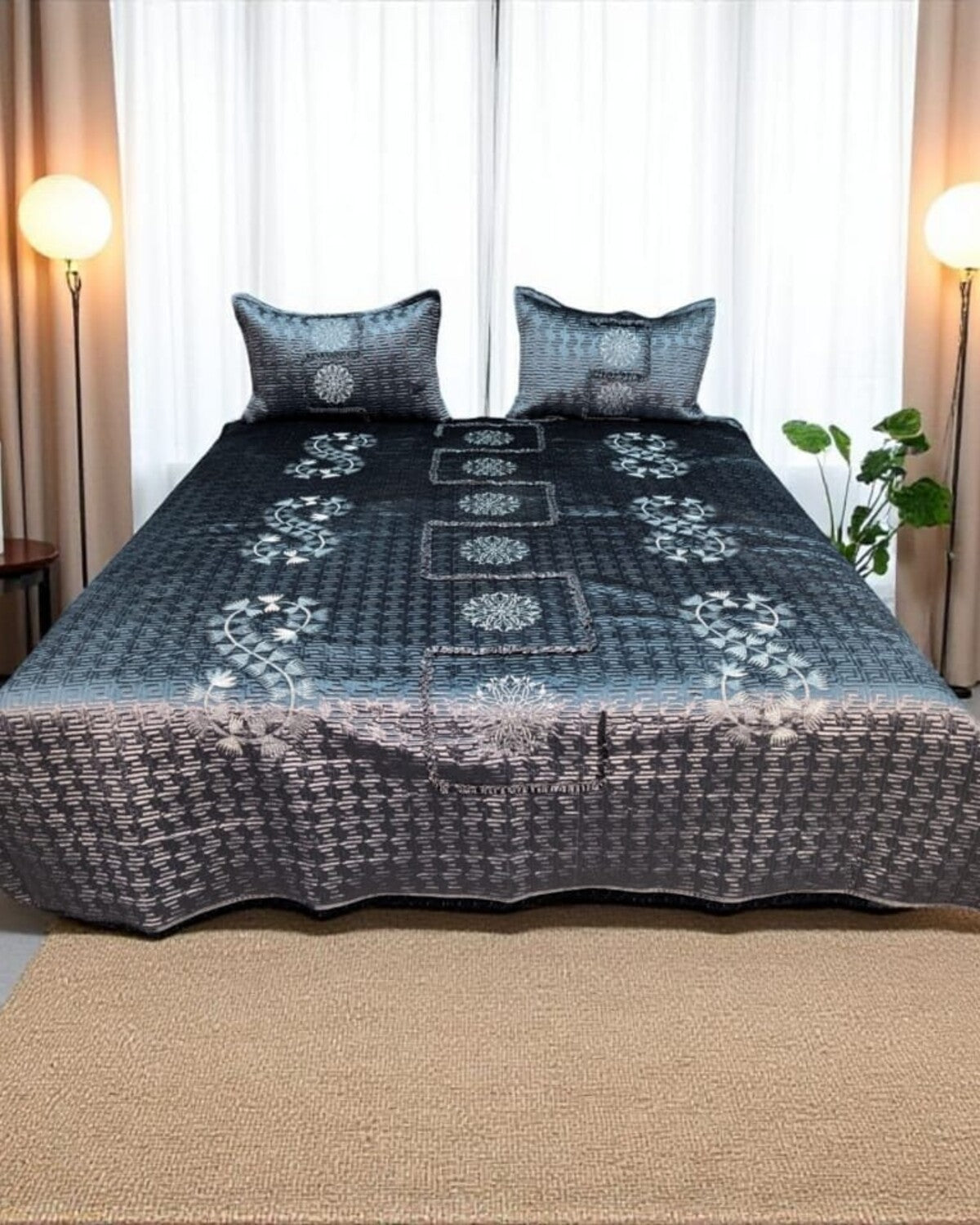 Midnight Frost Embroidered Velvet Bedspread Set – 3 Piece – room view