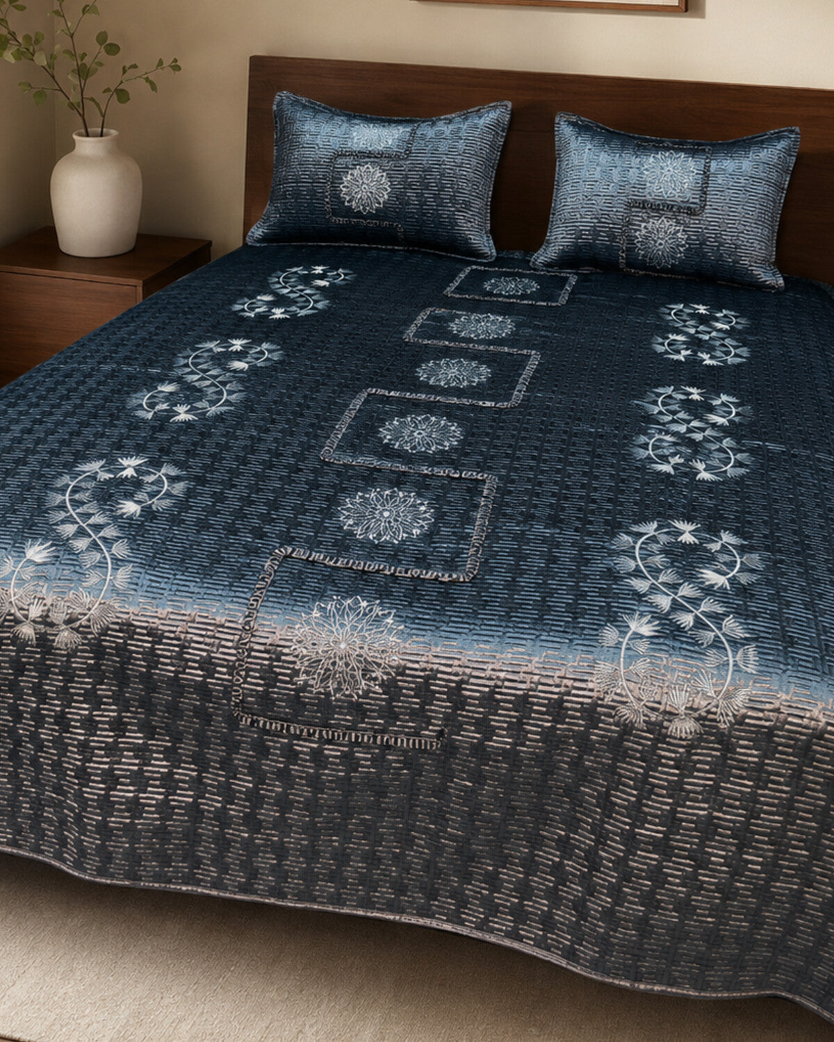 Midnight Frost Embroidered Velvet Bedspread Set – 3 Piece – pattern detail