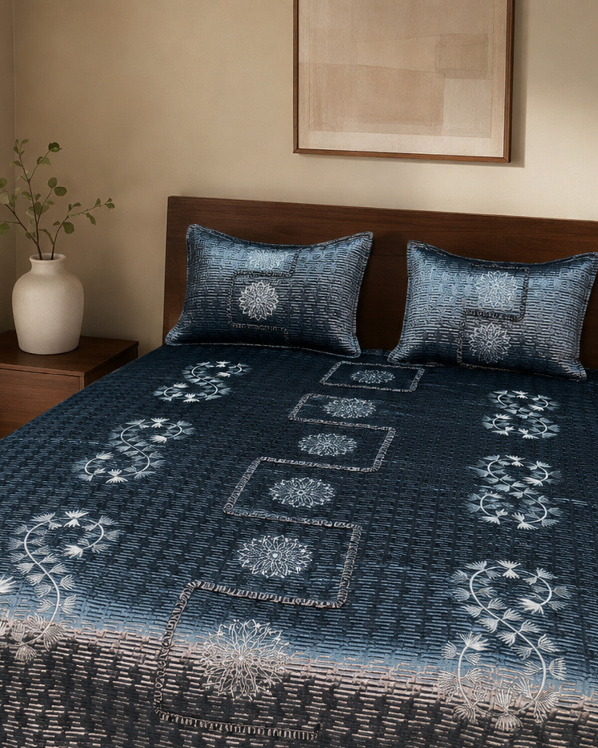 Midnight Frost Embroidered Velvet Bedspread Set – 3 Piece – pillow detail