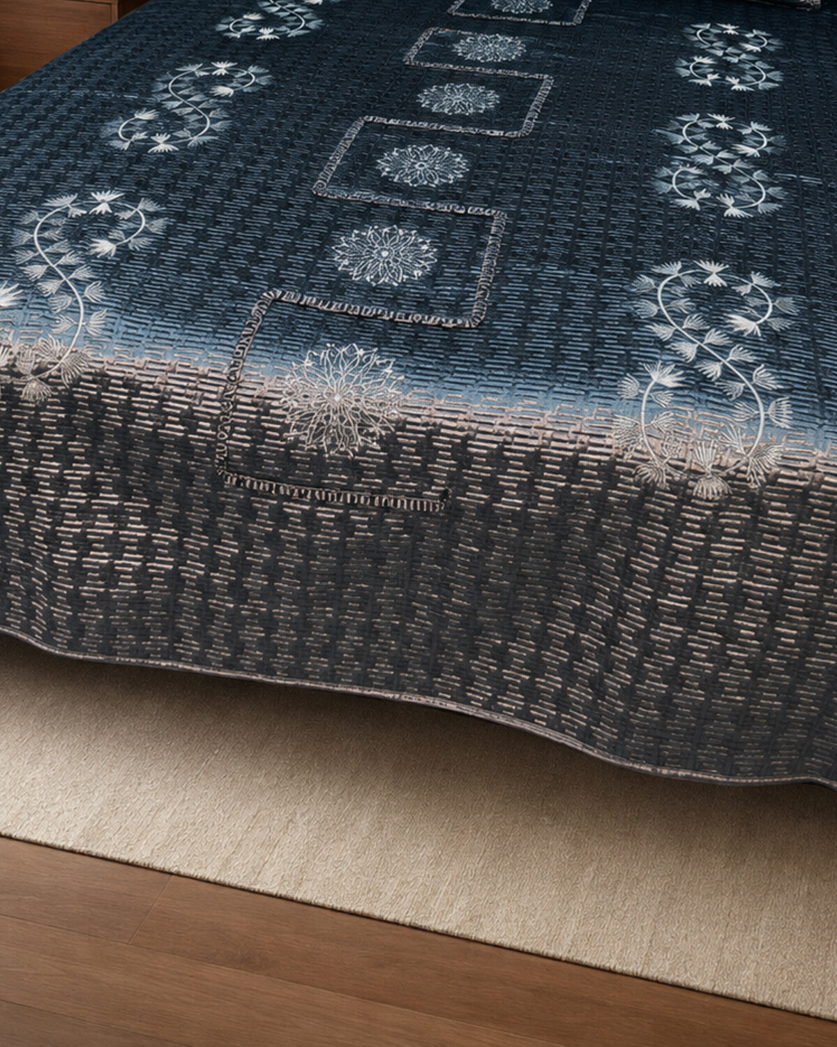 Midnight Frost Embroidered Velvet Bedspread Set – 3 Piece – border and fabric detail