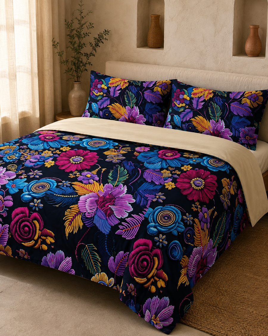 Midnight Jewel Garden 3D digital print king bedsheet set with two pillow covers