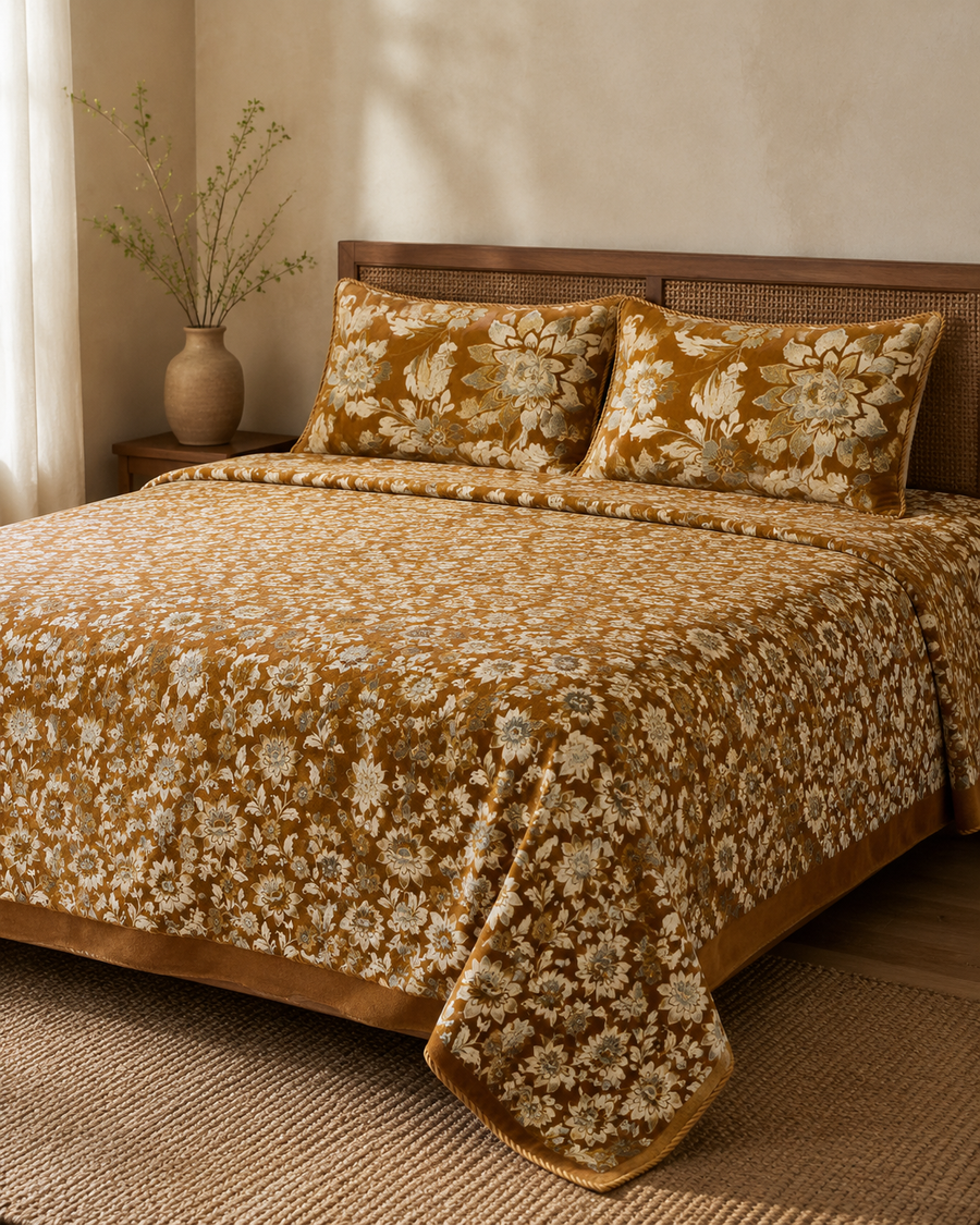 Mustard floral velvet jacquard 4 piece King bedsheet set