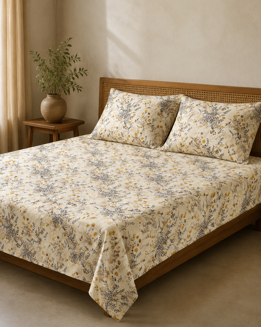 Mustard Meadow Cotton Bedsheet Set with two pillow covers