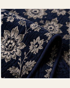 BIN-VJ-FLR-NAVY bedding material and pattern detail