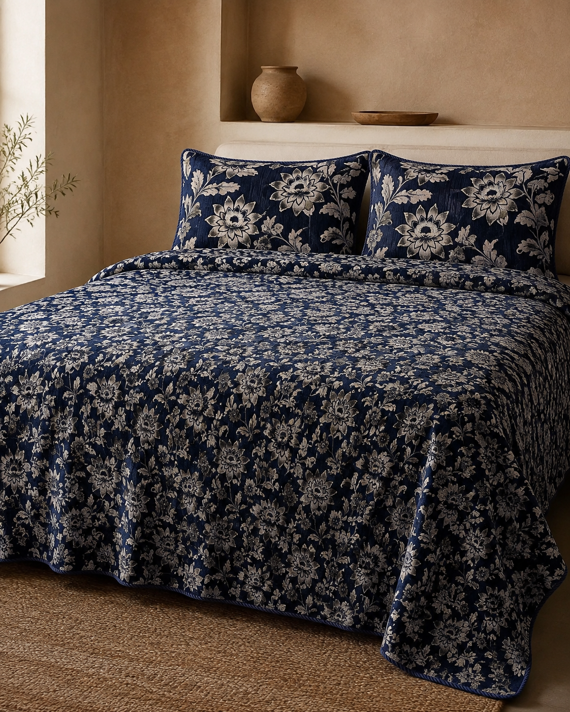 Navy floral velvet jacquard 4 piece King bedsheet set