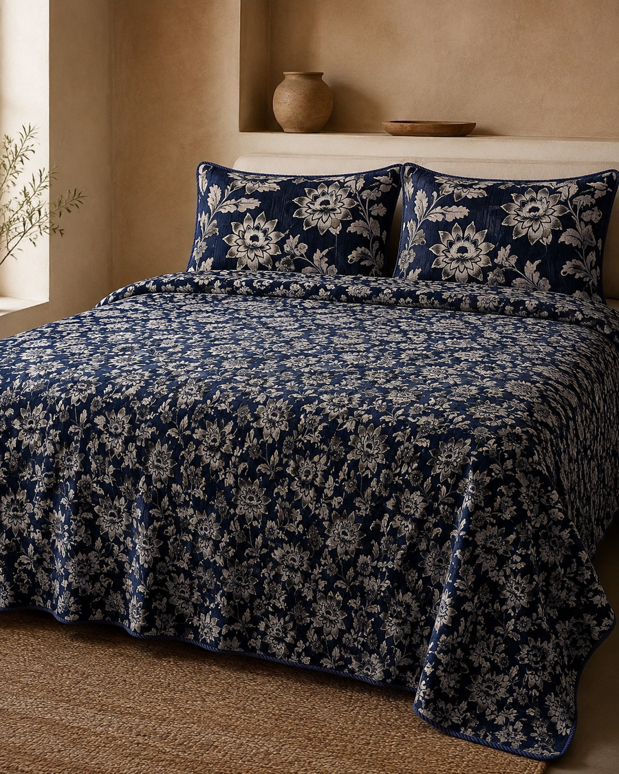 Navy floral velvet jacquard 4 piece King bedsheet set