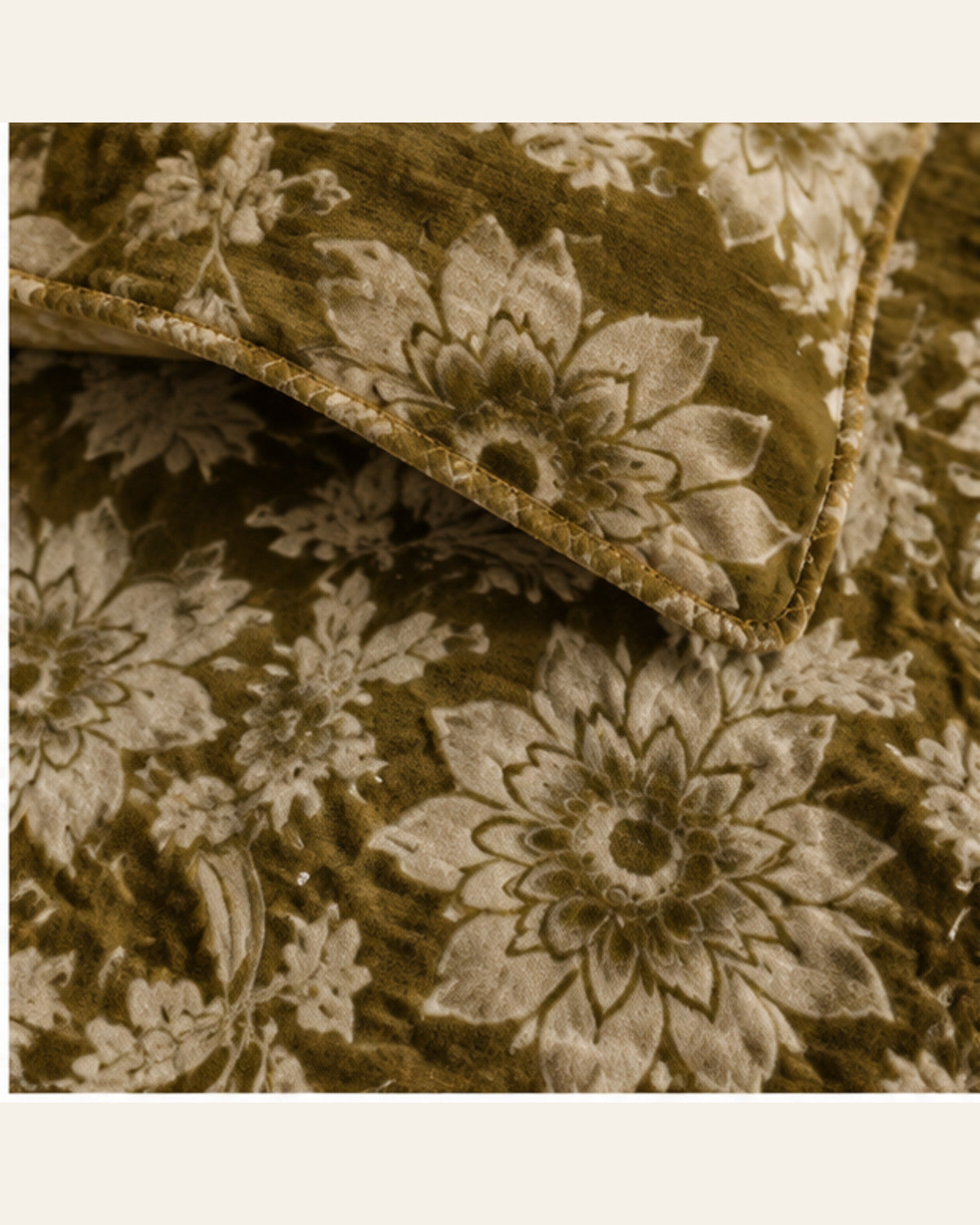 BIN-VJ-FLR-OLIVE bedding material and pattern detail