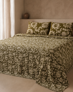 Olive floral velvet jacquard 4 piece King bedsheet set