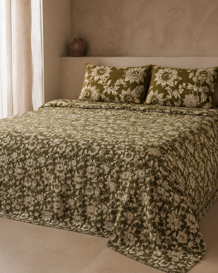 Olive floral velvet jacquard 4 piece King bedsheet set