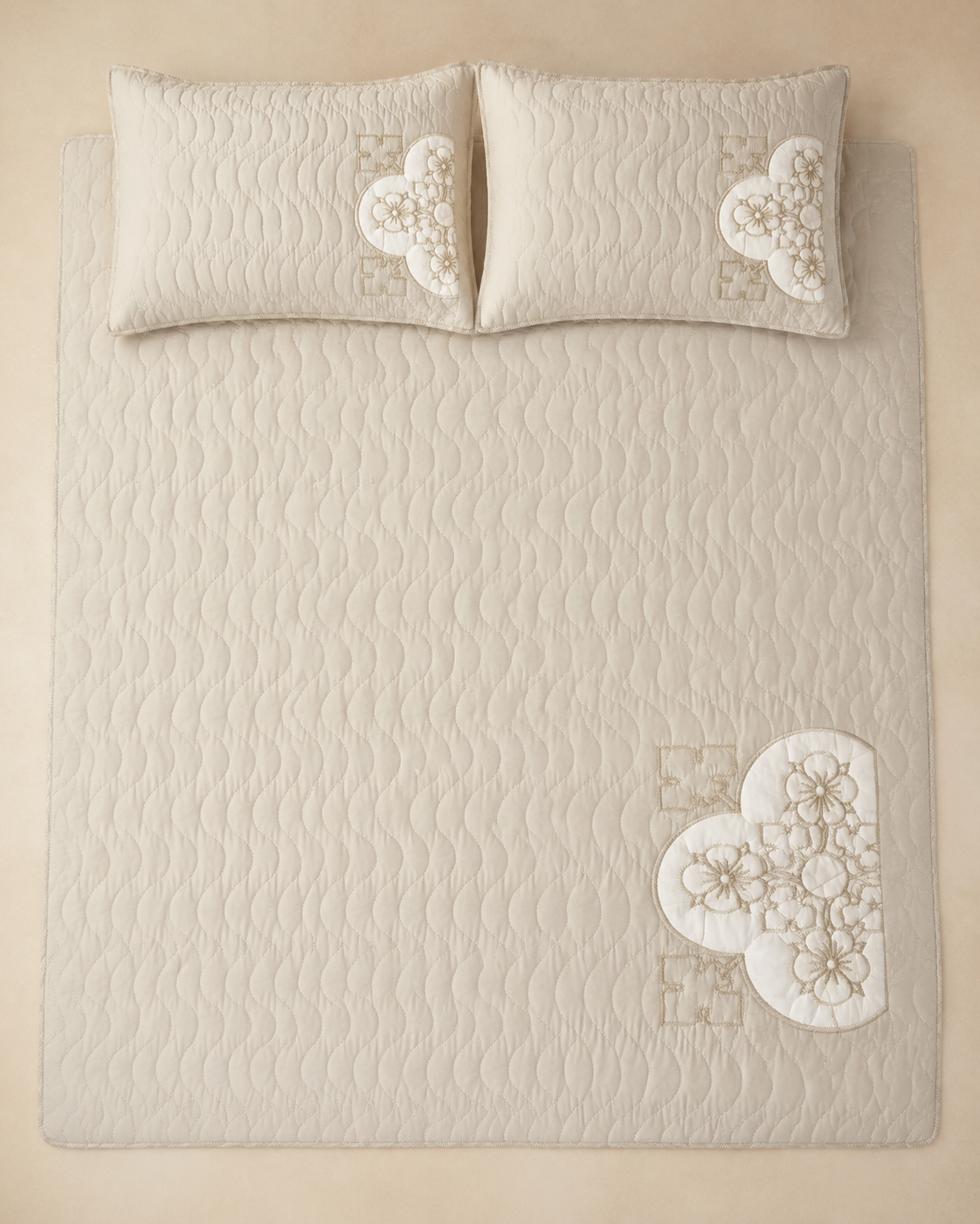 Pearl Ivory Clover China Cotton Bedspread Set – 3 Piece – overhead view