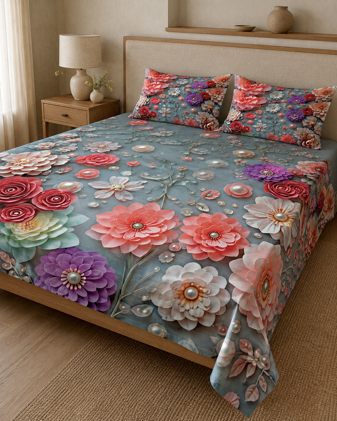 Pearl Rose Lagoon 3D digital print king bedsheet set with two pillow covers