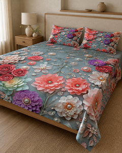 Pearl Rose Lagoon 3D digital print king bedsheet set with two pillow covers