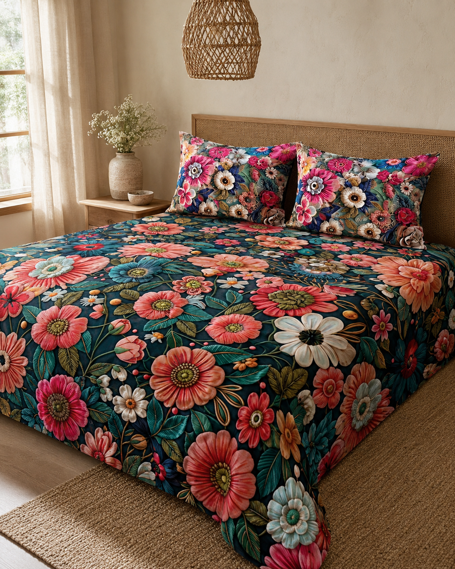Petrol Coral Garden 3D digital print king bedsheet set with two pillow covers