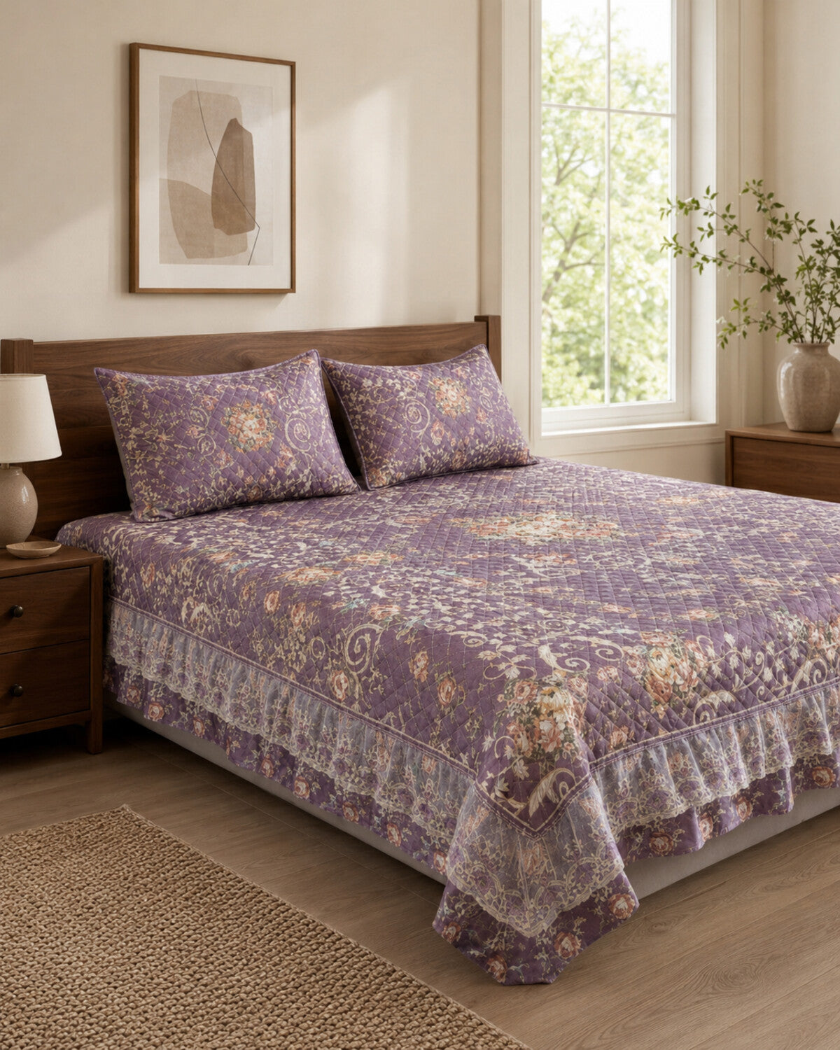 Plum Paisley Printed Silk Bedspread Set – 3 Piece – hero view